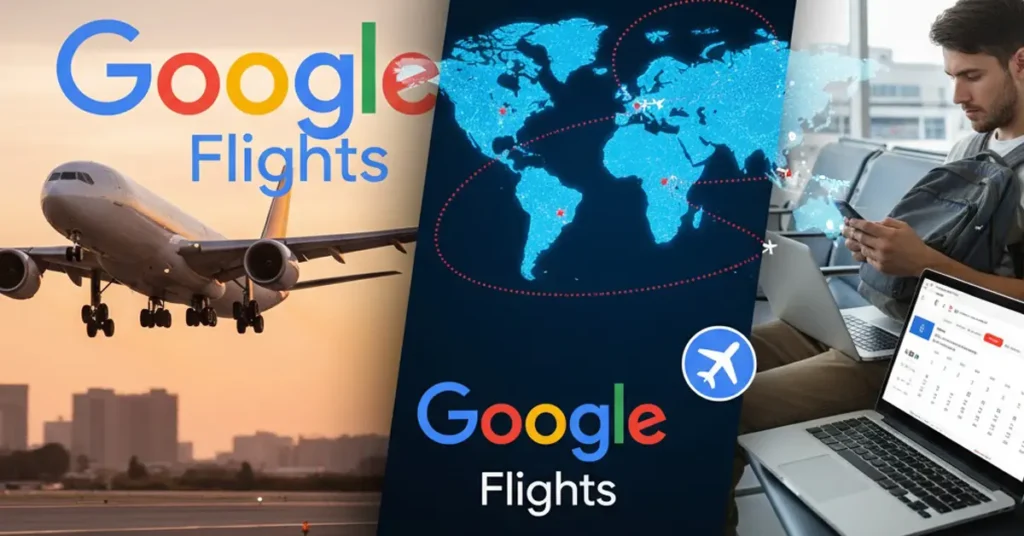 Airplane taking off from the runway with Google Flights logo overlay - for cheaper flight tickets and smarter bookings.