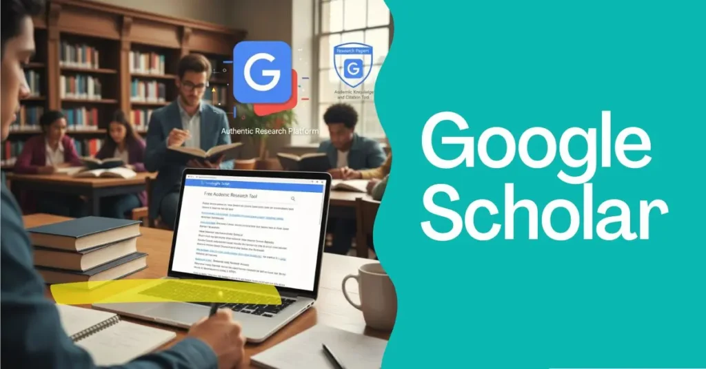 लैपटॉप पर Google Scholar खुला हुआ, पास में किताबें और नोट्स – Free Academic Research Tool