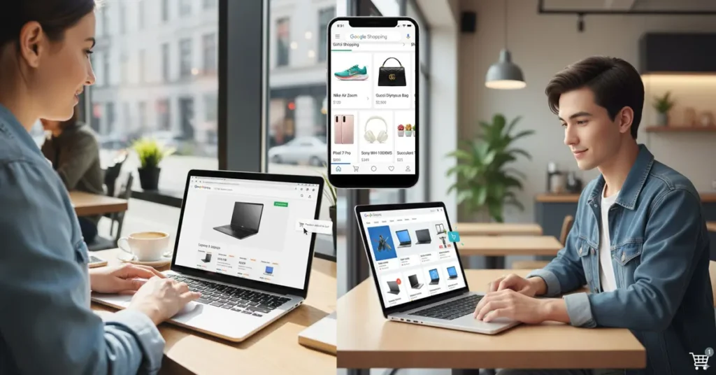 ग्राहक लैपटॉप पर गूगल शॉपिंग विज्ञापन देखकर प्रोडक्ट को कार्ट में जोड़ते हुए