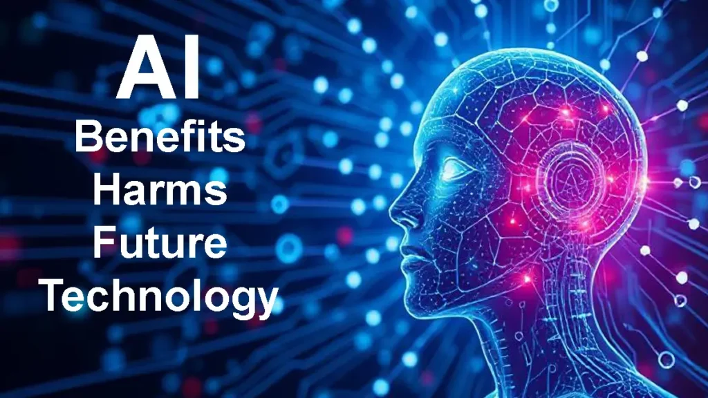 AI-powered humanoid robot analyzing digital data with glowing brain circuit and futuristic technology background