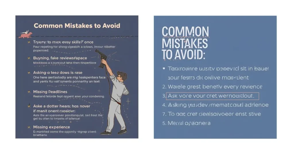 Common Mistakes to Avoid : Trying to learn every skill at once, Buying fake reviews,Asking for more money from clients (without experience), Missing deadlines.