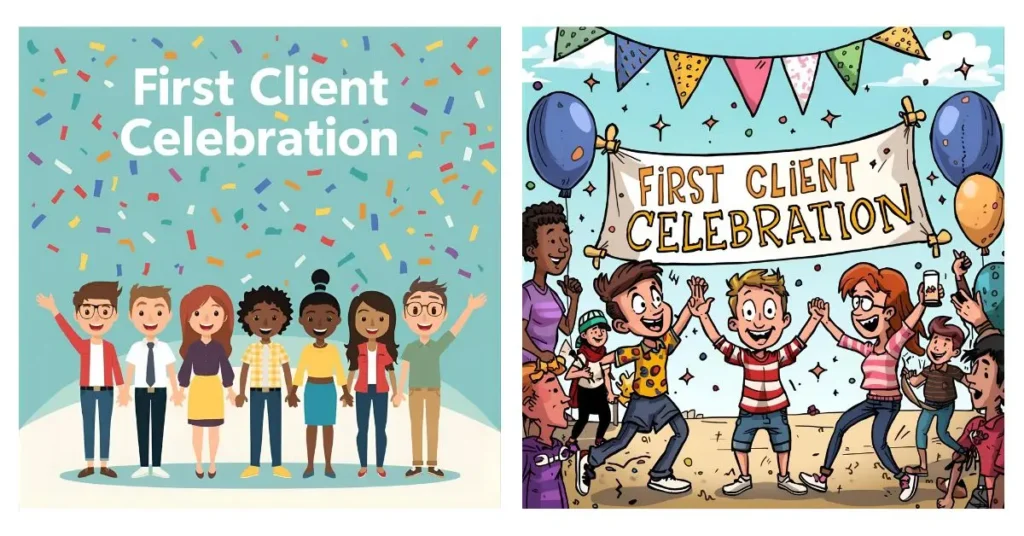 Illustration of first client celebration in freelancing, featuring a cartoon-style freelancer character, confetti, and happiness