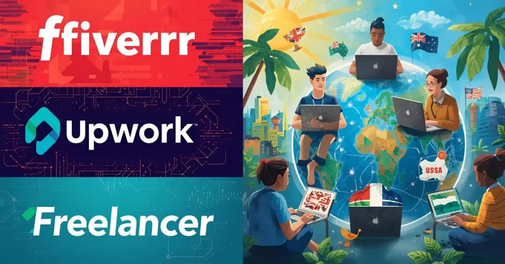 Banner featuring logos of Fiverr, Upwork, and Freelancer platforms, representing top freelancing websites