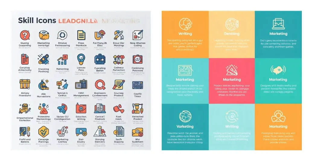 Infographic showing skill icons including writing, graphic design, coding, digital marketing, and editing, representing top freelancing skills for career growth.