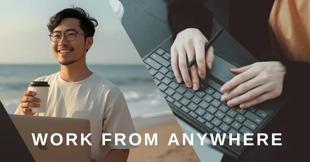A young freelancer working on a laptop with a coffee cup beside, sitting on a beach with ocean waves and palm trees in the background, symbolizing work from anywhere freedom and digital nomad lifestyle.