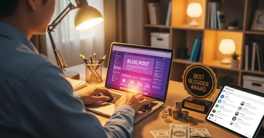 Blogging me passive income aur authority banate freelancer laptop par kaam kar raha hai