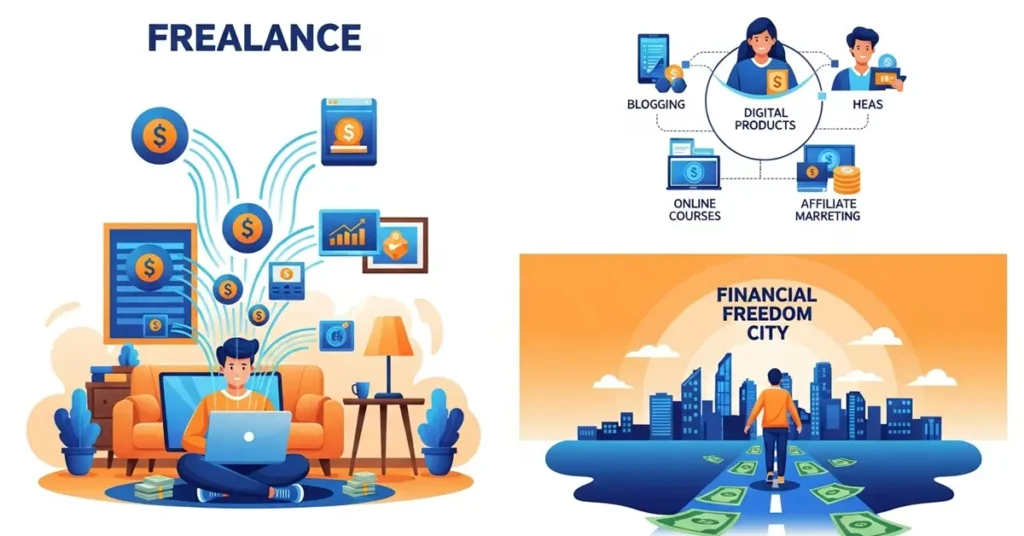 Ek freelancer ghar se laptop par kaam kar raha hai jisme blogging, digital product aur affiliate marketing se passive income aa rahi ha